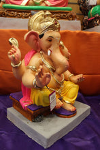 Load image into Gallery viewer, Eco-Friendly Ganesh Visarjan idol, Yellow &amp; Pink Maroon Gem Crown, close-up