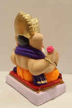 Load image into Gallery viewer, Eco-friendly clay Ganesh idol with purple shawl and orange dhoti, back view
