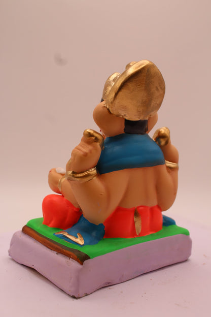 Eco-Friendly Ganesh Visarjan Idol – Blue Khes & Red Dhoti, Green Mat, ~6 inch