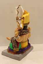 Load image into Gallery viewer, Eco-friendly clay Ganesh idol with yellow pheta and maroon embroidered robe, back view