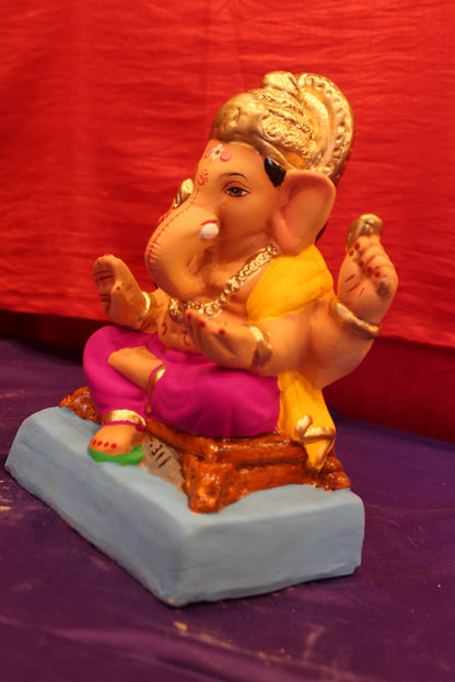 Eco-Friendly Ganesh Visarjan Idol – Yellow & Magenta, Halo Crown, ~8 inch