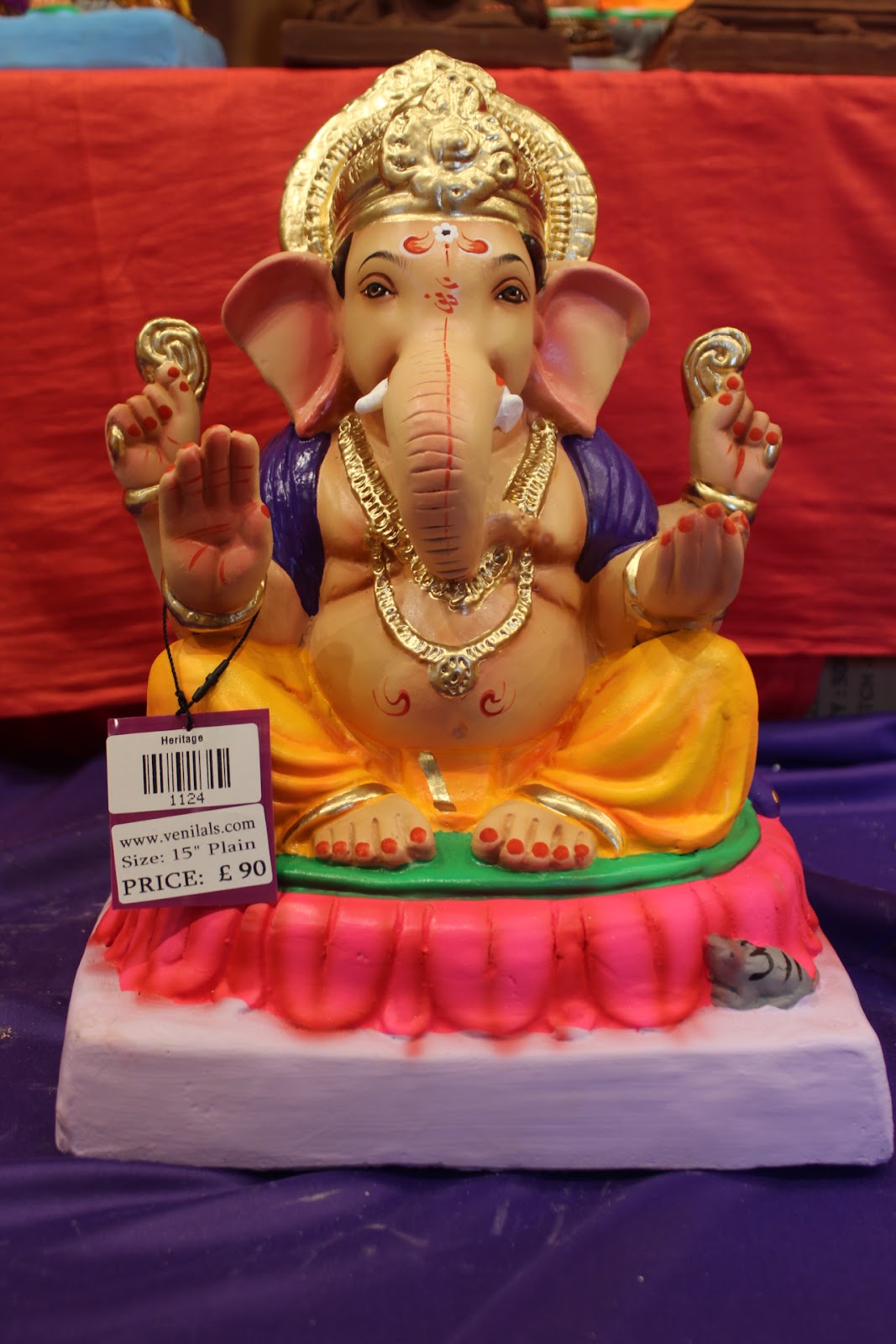 Eco-Friendly Ganesh Visarjan idol, Purple Khes & Gold Dhoti, front view 2