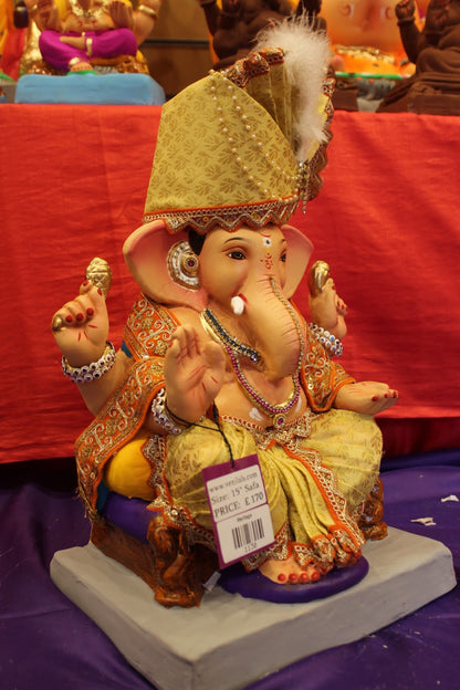 Eco-Friendly Ganesh Visarjan idol, Full Safa Set Golden Mustard & Navy, close-up