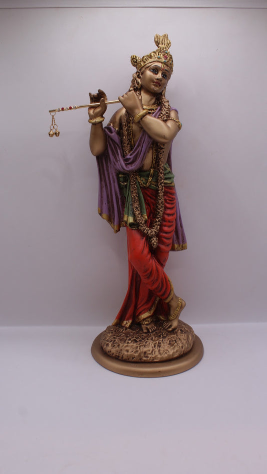 Painted resin Krishna statue playing flute, front view