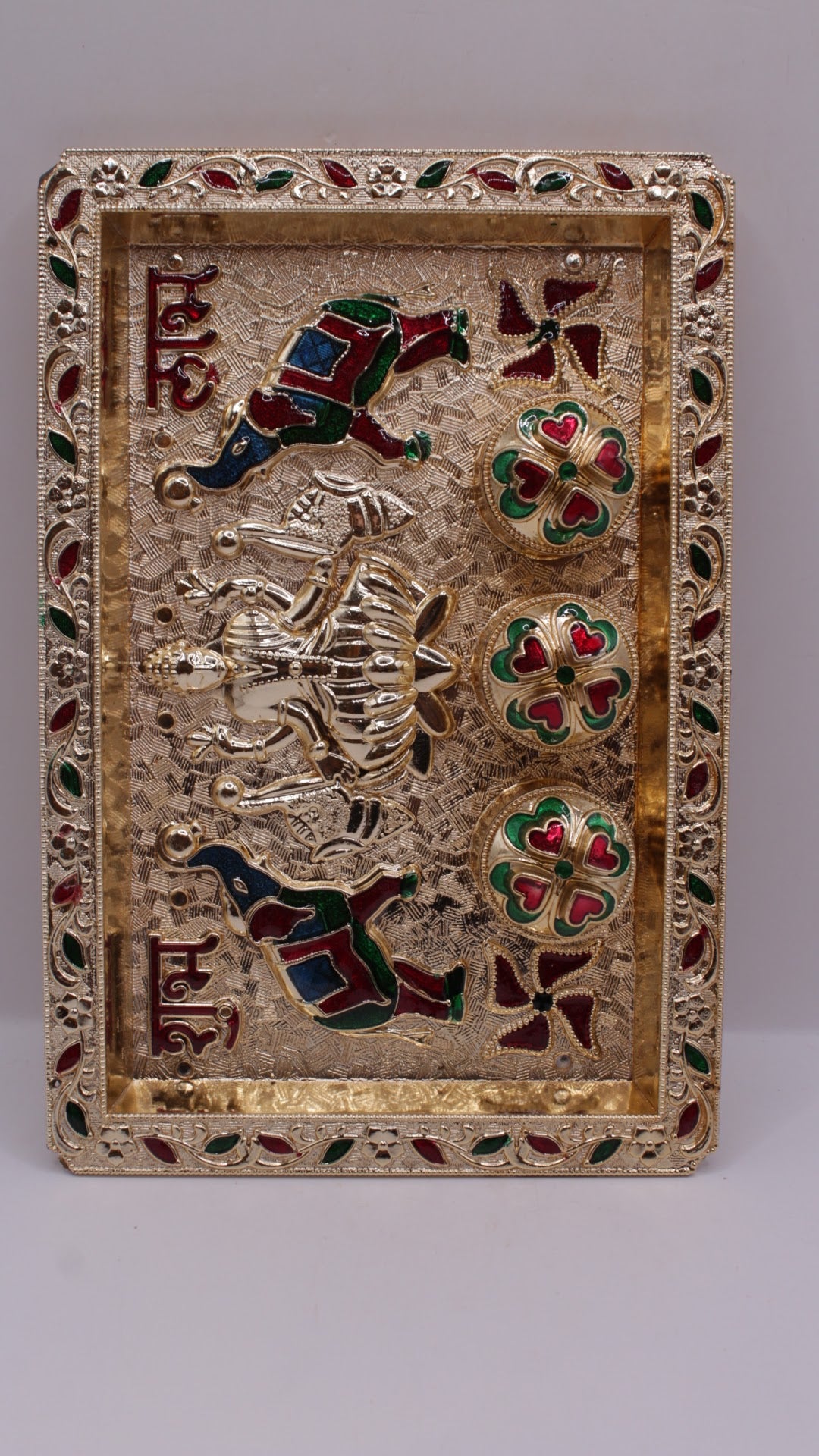 Kankavati kumkum tray with 3 boxes, Shubh Labh design, top view