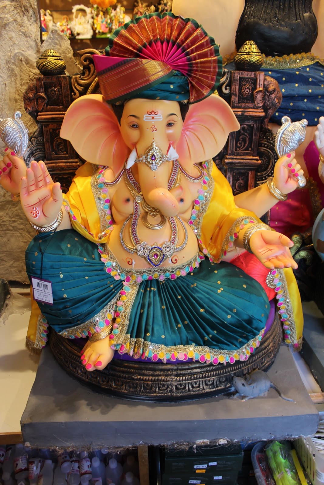 POP Ganesh Visarjan Idol – Peshwa Turban with Peacock Teal Dhoti, ~3ft