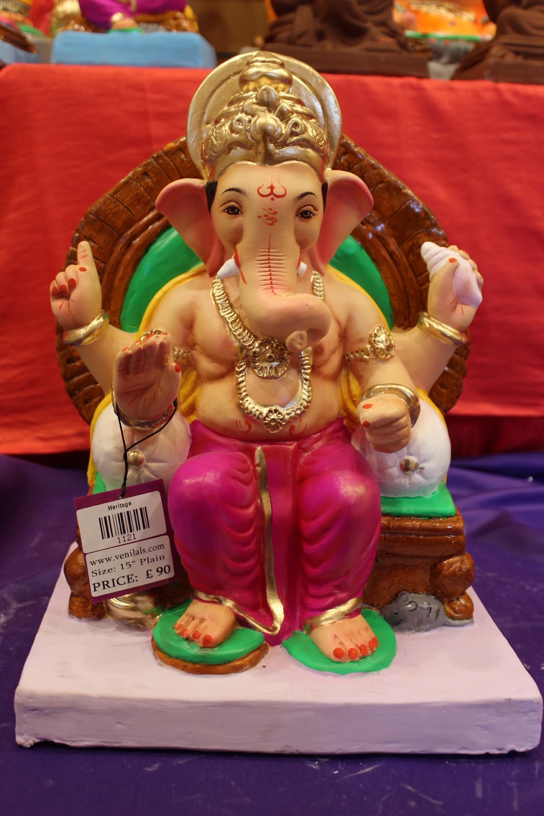 Eco-Friendly Ganesh Visarjan idol, Gold Khes & Magenta Dhoti, front view