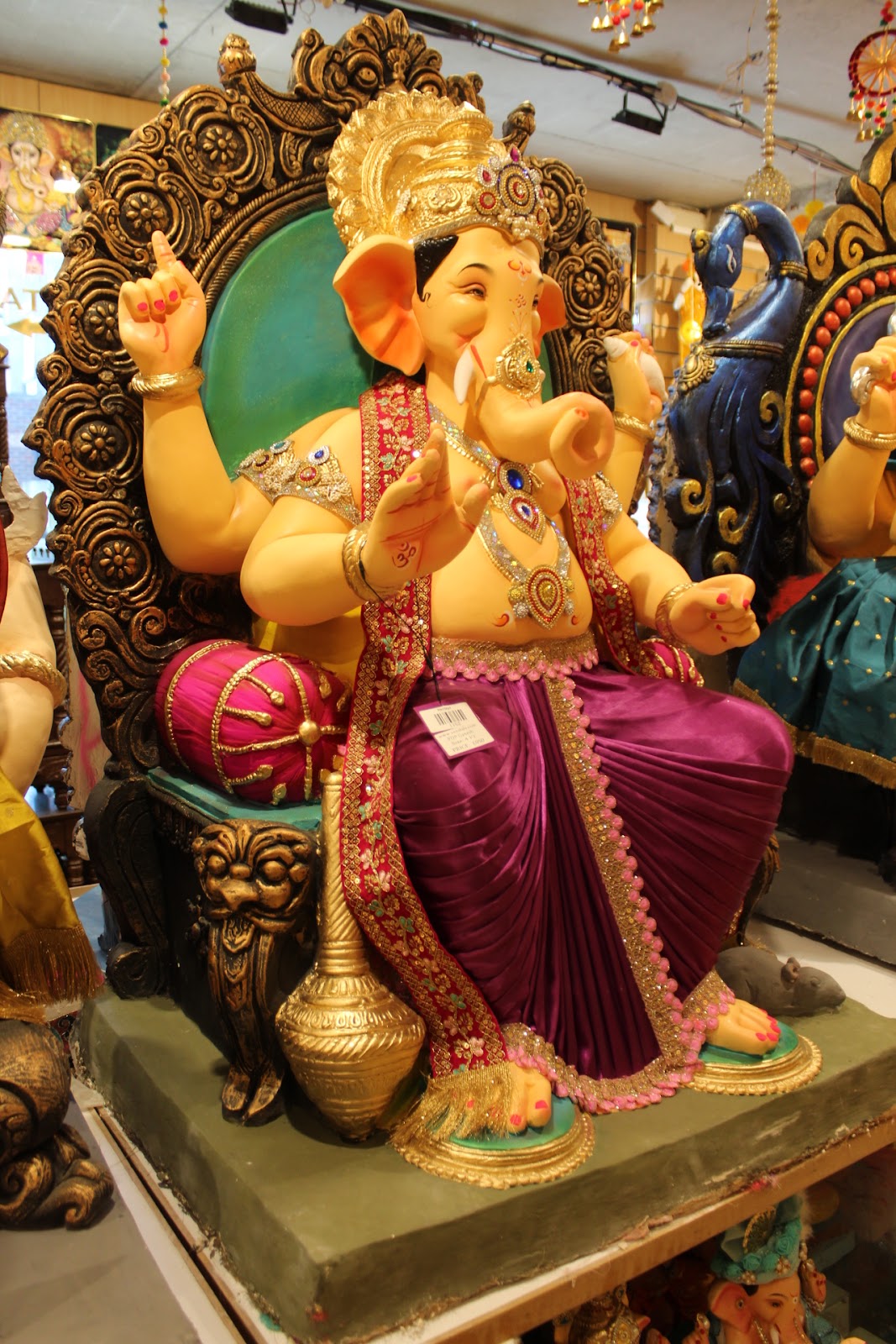 POP Ganesh Visarjan Idol – Magenta Silk Dhoti with Lion-Head Throne, ~4ft