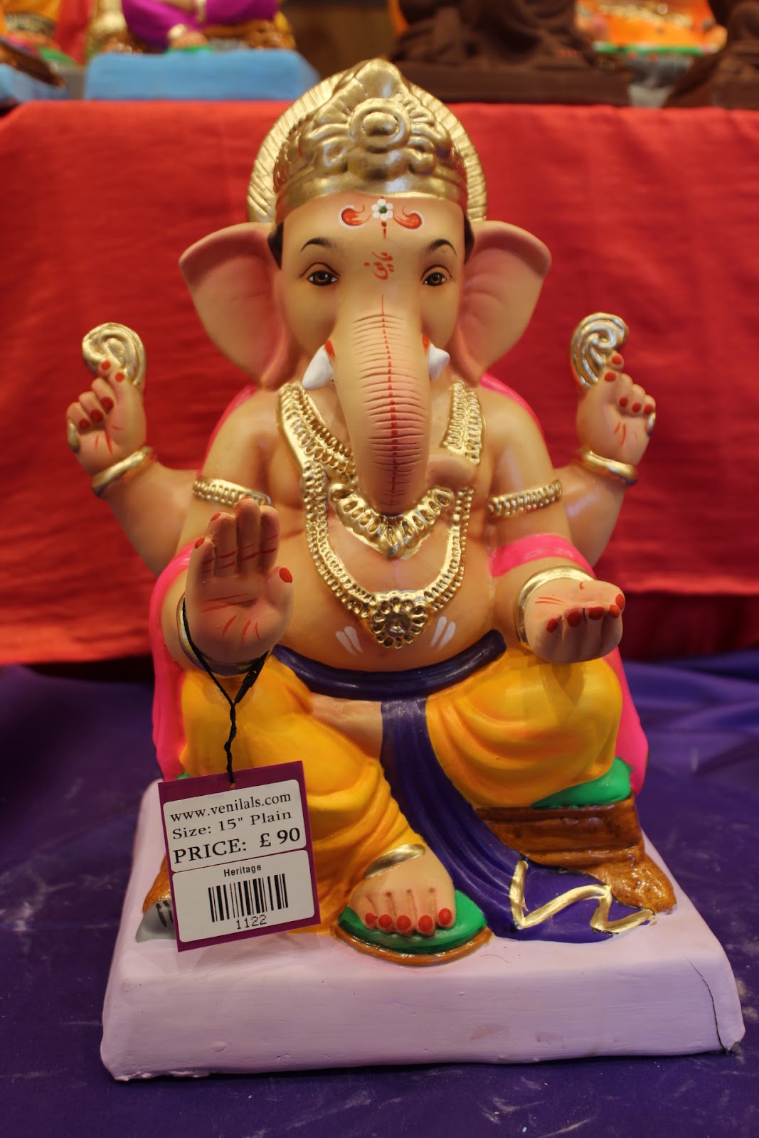 Eco-Friendly Ganesh Visarjan idol, Pink Khes & Gold Dhoti, front view