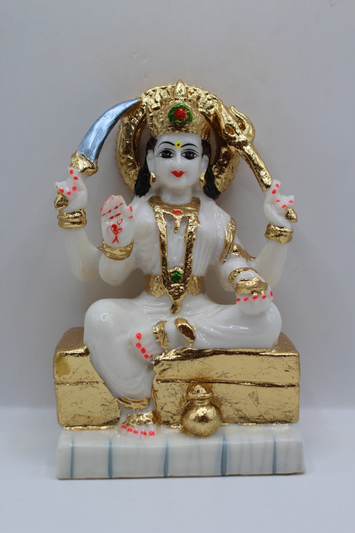 White and gold resin Santoshi Maa murti, front view