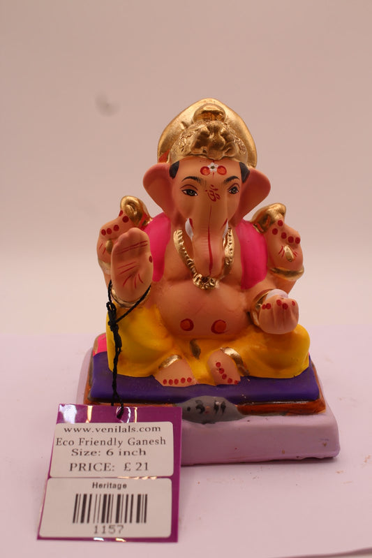 Eco-Friendly Ganesh Visarjan Idol – Pink Shawl & Yellow Dhoti, ~6 inch