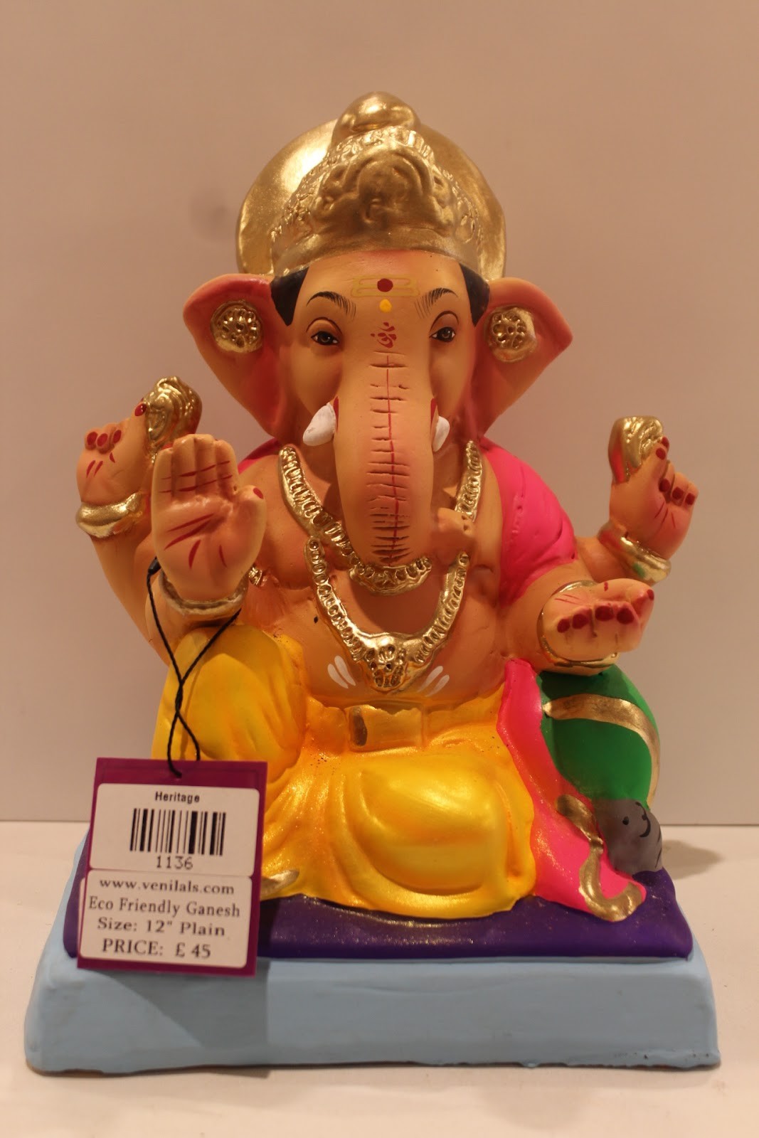 Eco-Friendly Ganesh Visarjan Idol – Pink Khes & Yellow Dhoti, ~12 inch, Clay