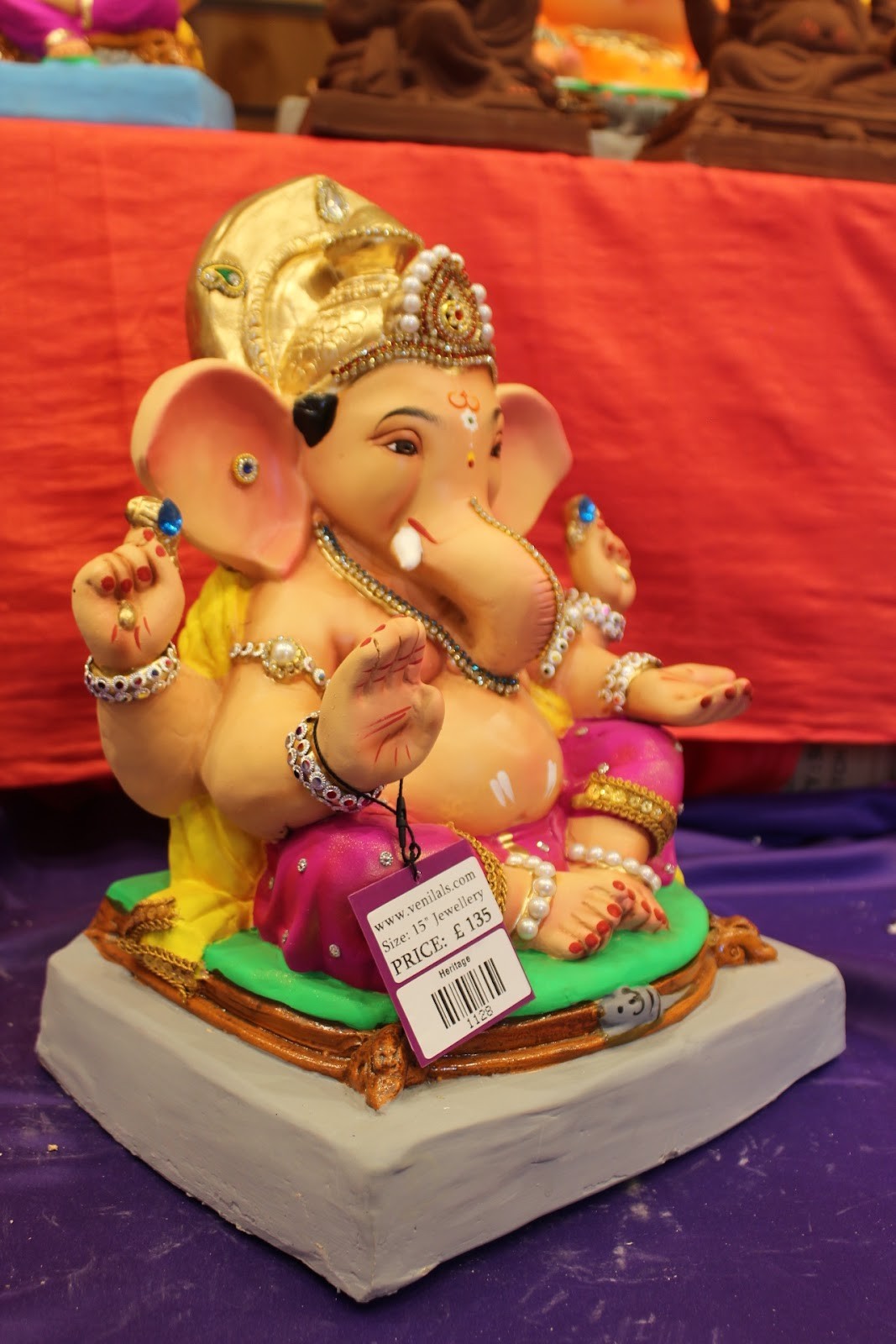 Eco-Friendly Ganesh Idol – Jewellery Style, Magenta & Gold, ~15 inch, Clay