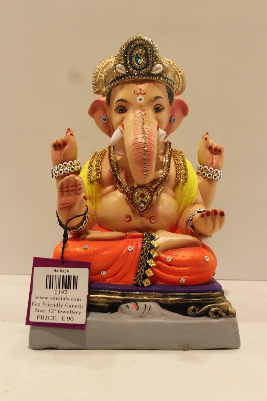 Eco-Friendly Ganesh Idol – Jewellery Style, Yellow Khes & Orange Dhoti, ~12 inch