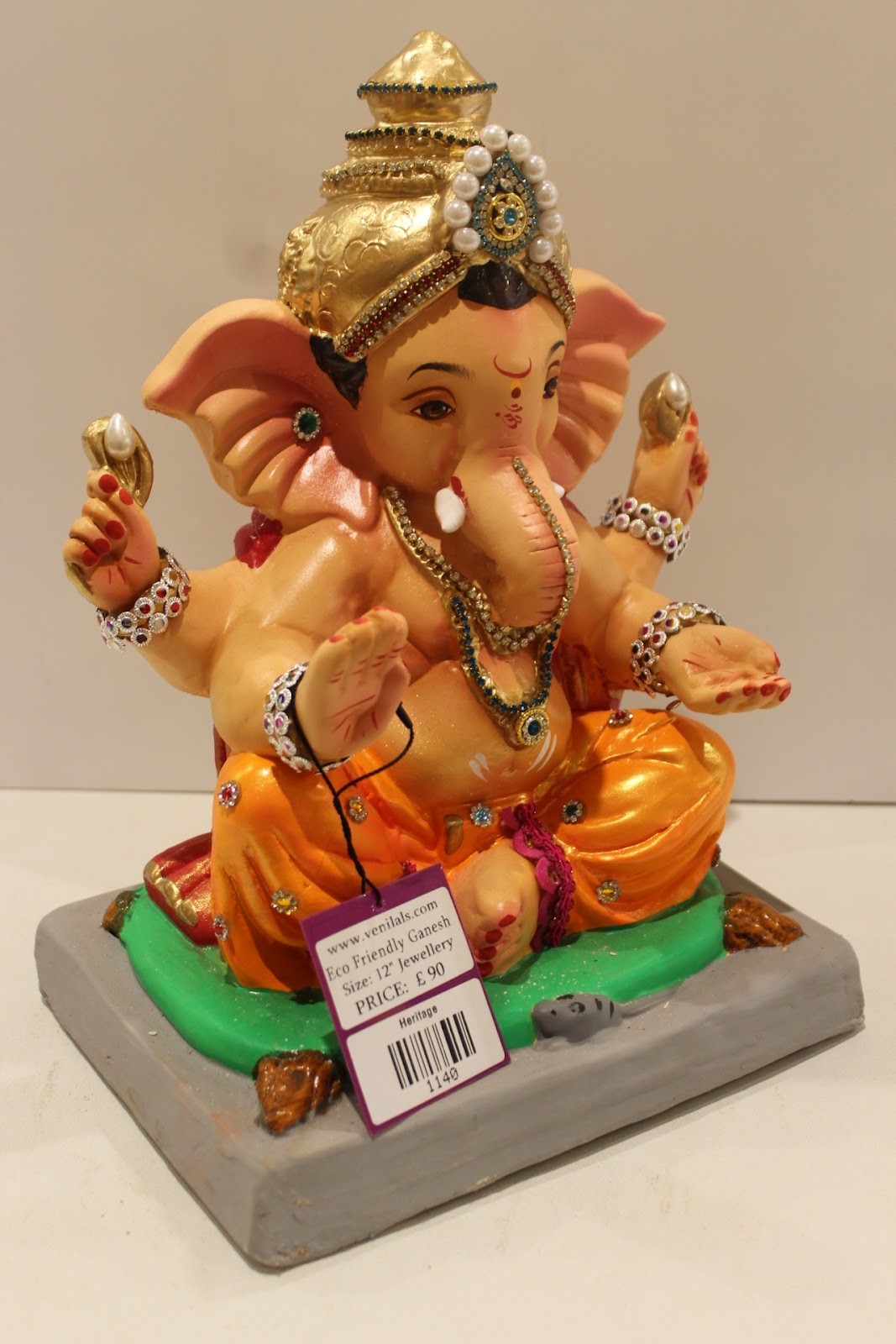 Eco-Friendly Ganesh Idol – Jewellery Style, Pearl & Teal Crown, ~12 inch, Clay