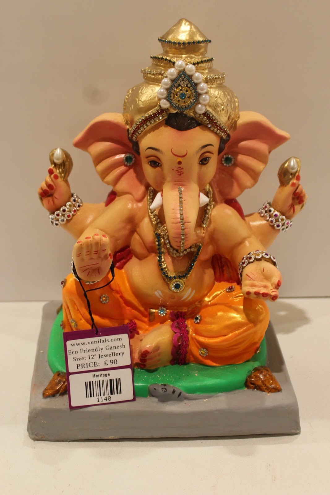Eco-Friendly Ganesh Idol – Jewellery Style, Pearl & Teal Crown, ~12 inch, Clay