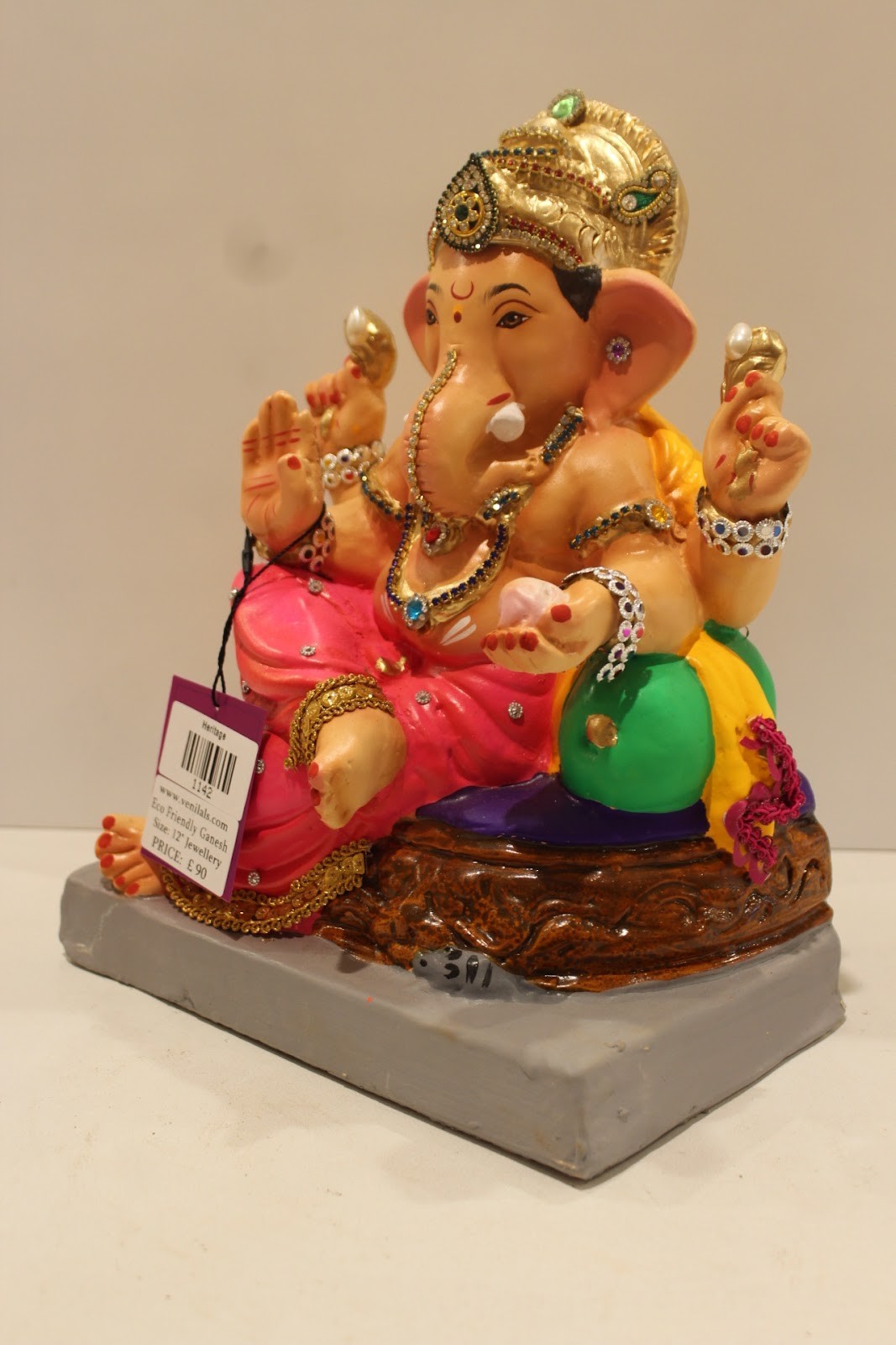 Eco-Friendly Ganesh Idol – Jewellery Style, Pink Dhoti, Basket Throne, ~12 inch