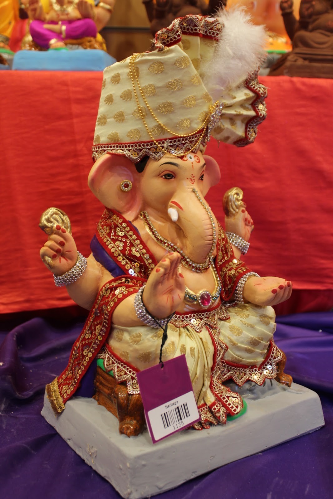 Eco-Friendly Ganesh Idol – Full Safa Set, Ivory & Red, ~15 inch, Clay