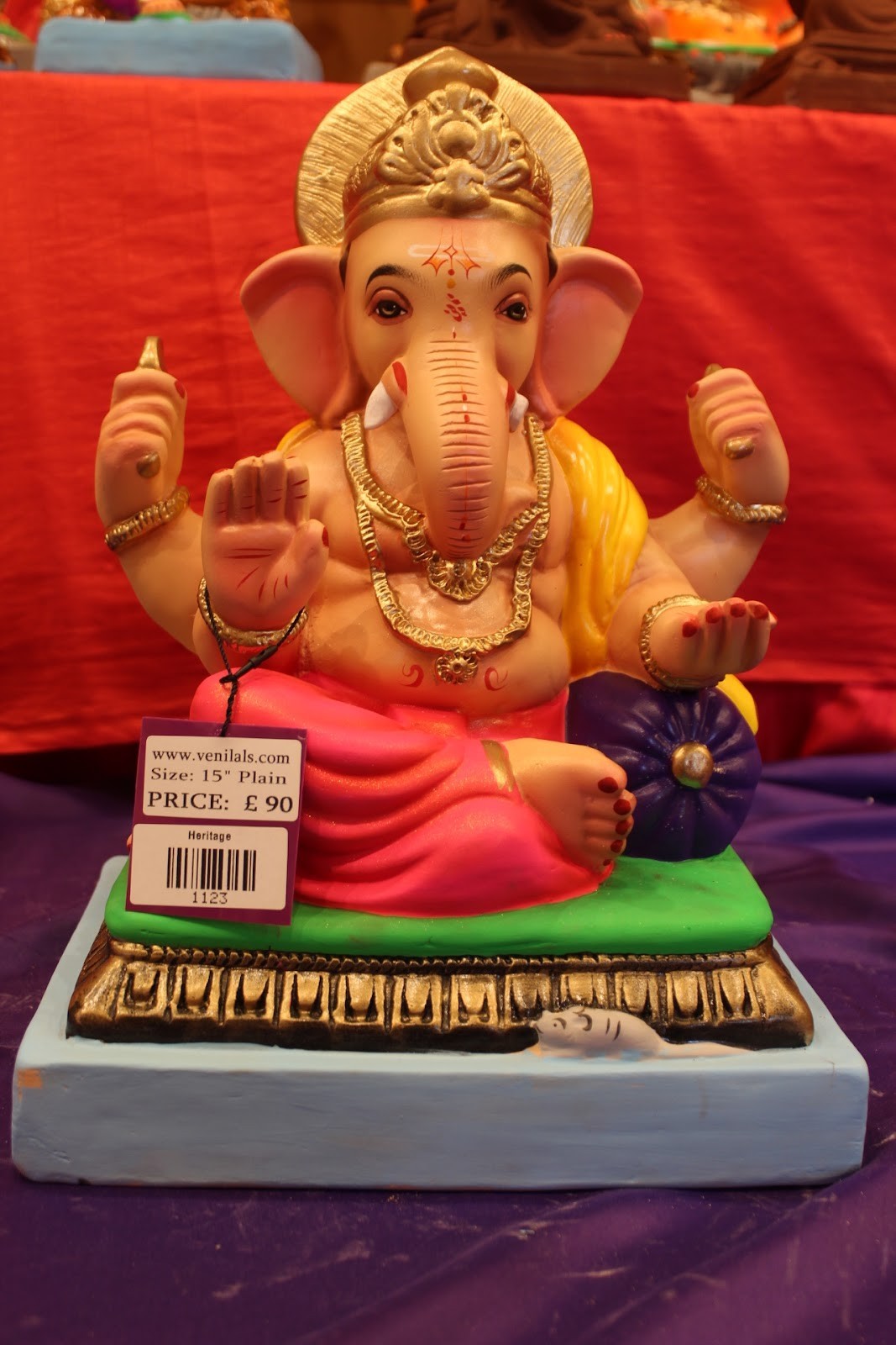 Eco-Friendly Ganesh Idol – Yellow Khes & Pink Dhoti, ~15 inch, Clay