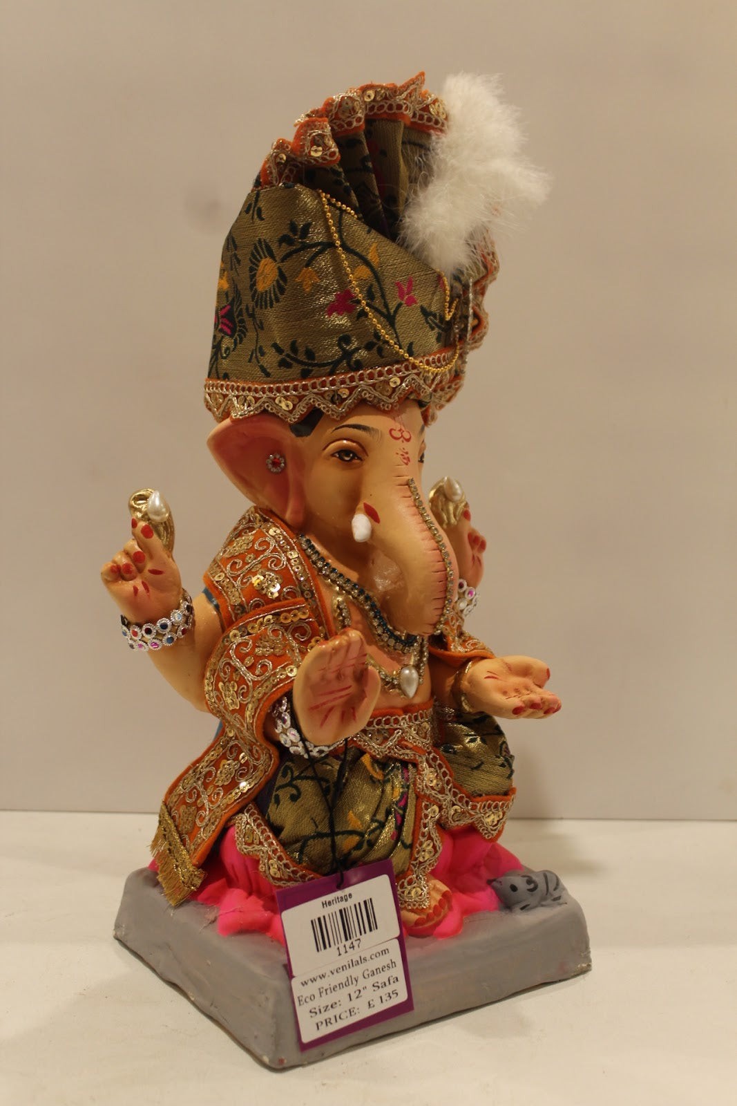 Eco-Friendly Ganesh Idol – Full Safa Set, Green Brocade & Pink, ~12 inch, Clay