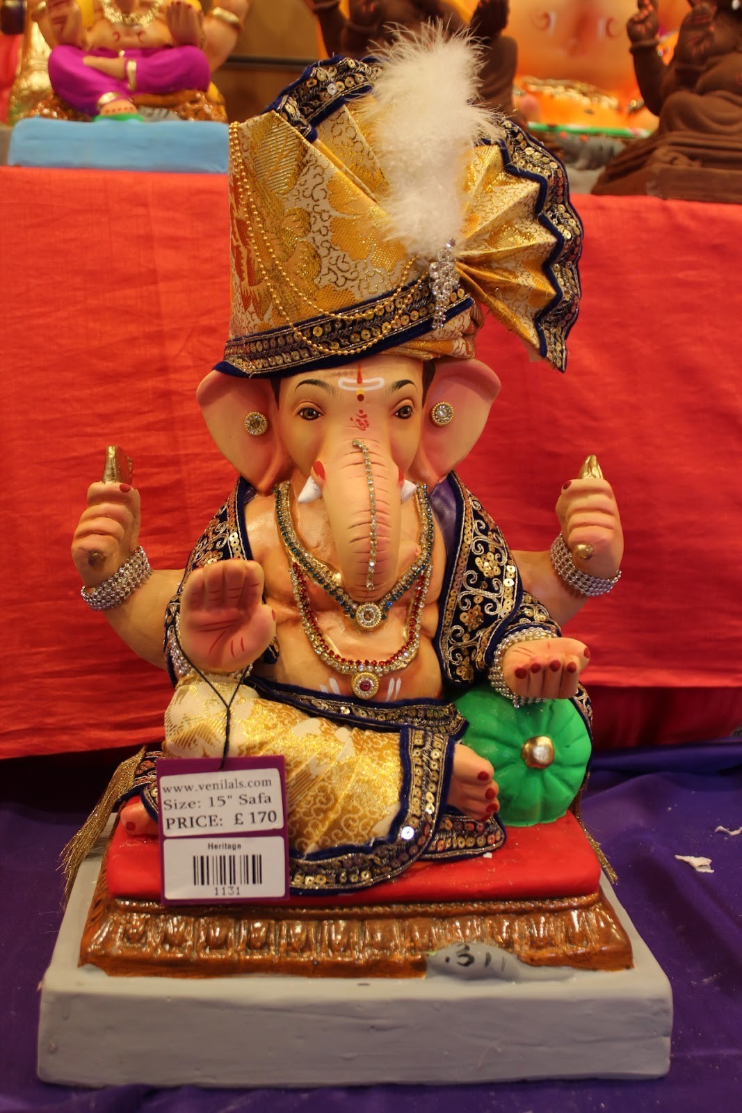 Eco-Friendly Ganesh Idol – Full Safa Set, Navy Blue & Gold, ~15 inch, Clay