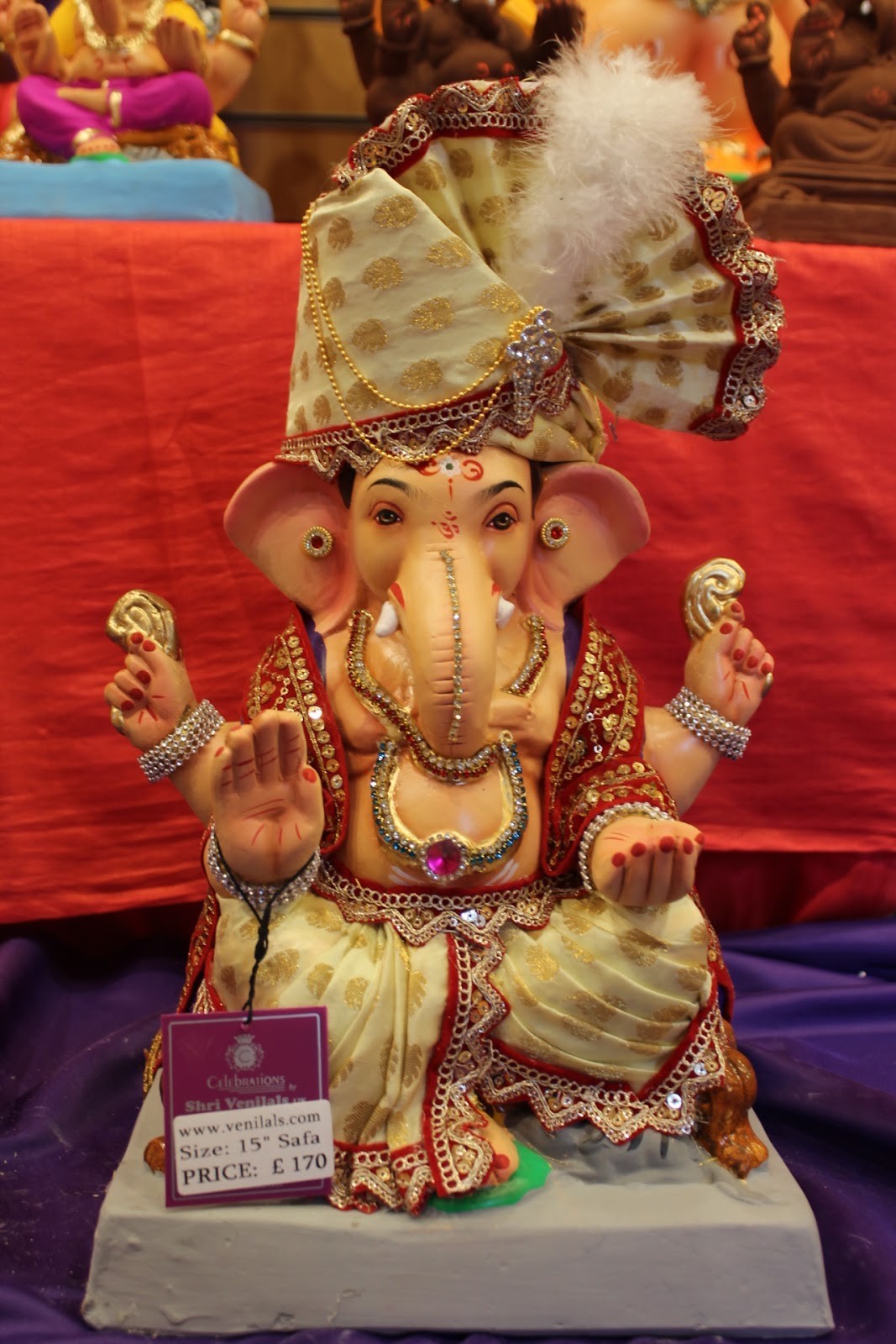 Eco-Friendly Ganesh Idol – Full Safa Set, Ivory & Red, ~15 inch, Clay