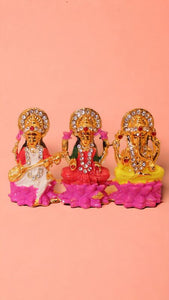 Laxmi,ganesh,saraswati Hindu God fiber idol Gold