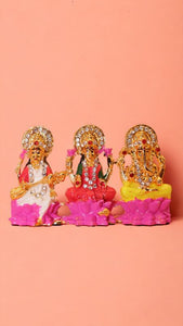 Laxmi,ganesh,saraswati Hindu God fiber idol Gold