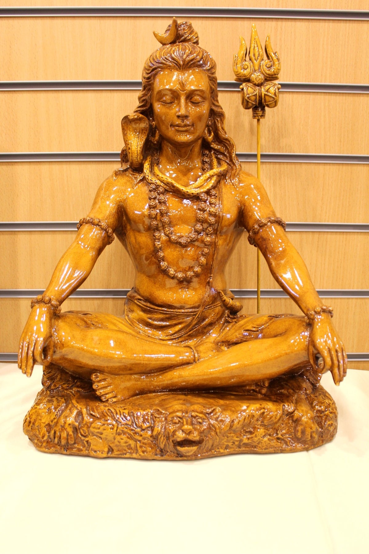 Resin/Fibre Shiv Statue for Home Temple – Antique Amber Meditating Mahadev, 20 inch