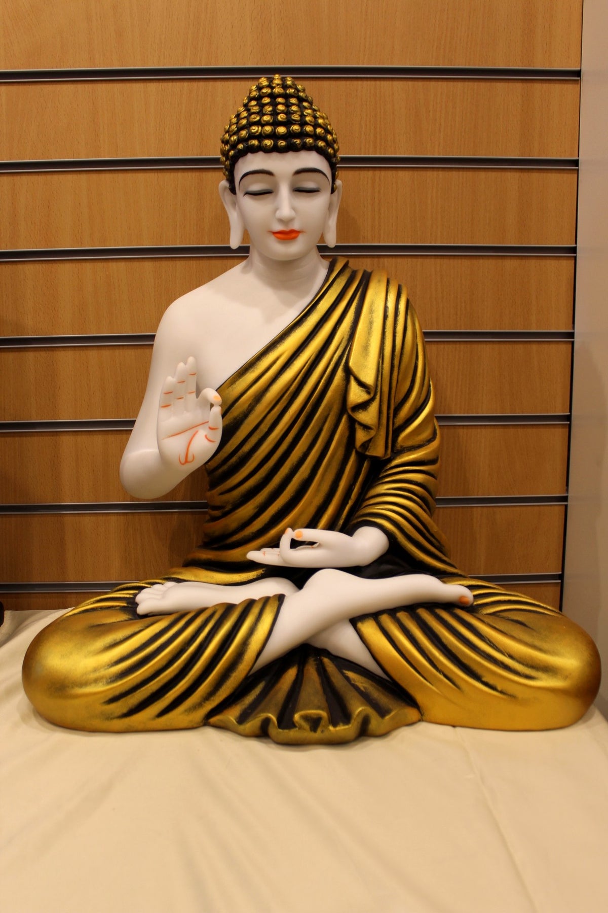 Resin/Fibre Buddha Statue for Home Temple – Gold Striped Robe, 24 inch