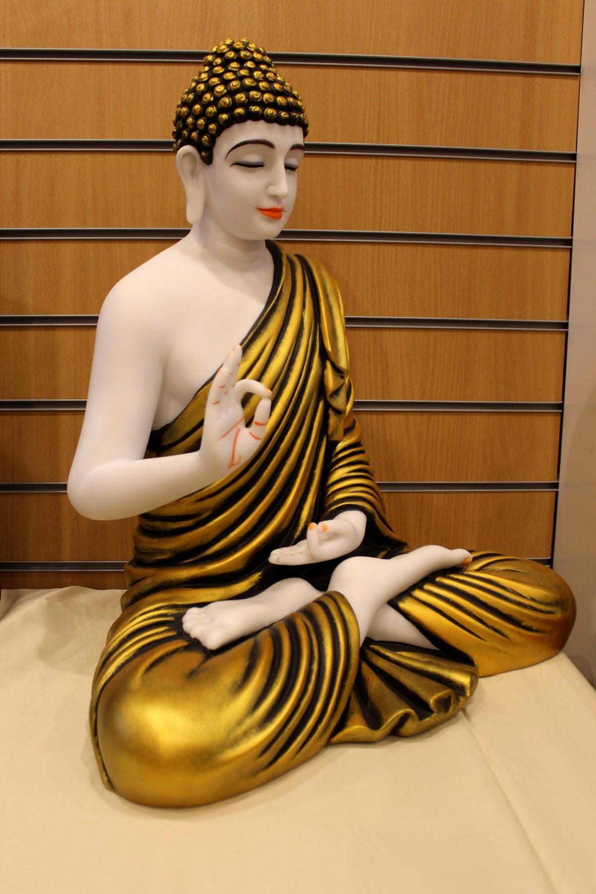 Resin/Fibre Buddha Statue for Home Temple – Gold Striped Robe, 24 inch