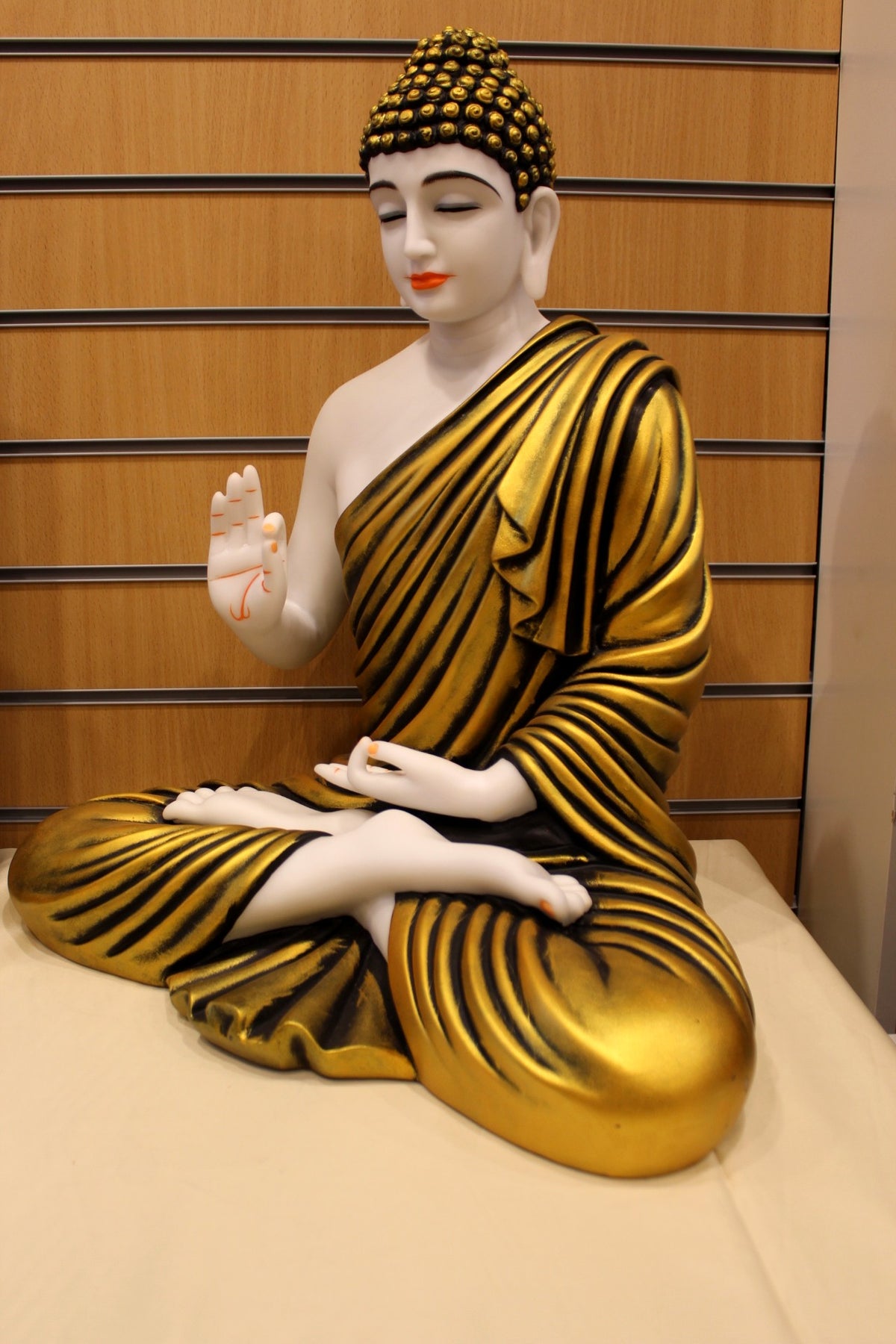 Resin/Fibre Buddha Statue for Home Temple – Gold Striped Robe, 24 inch