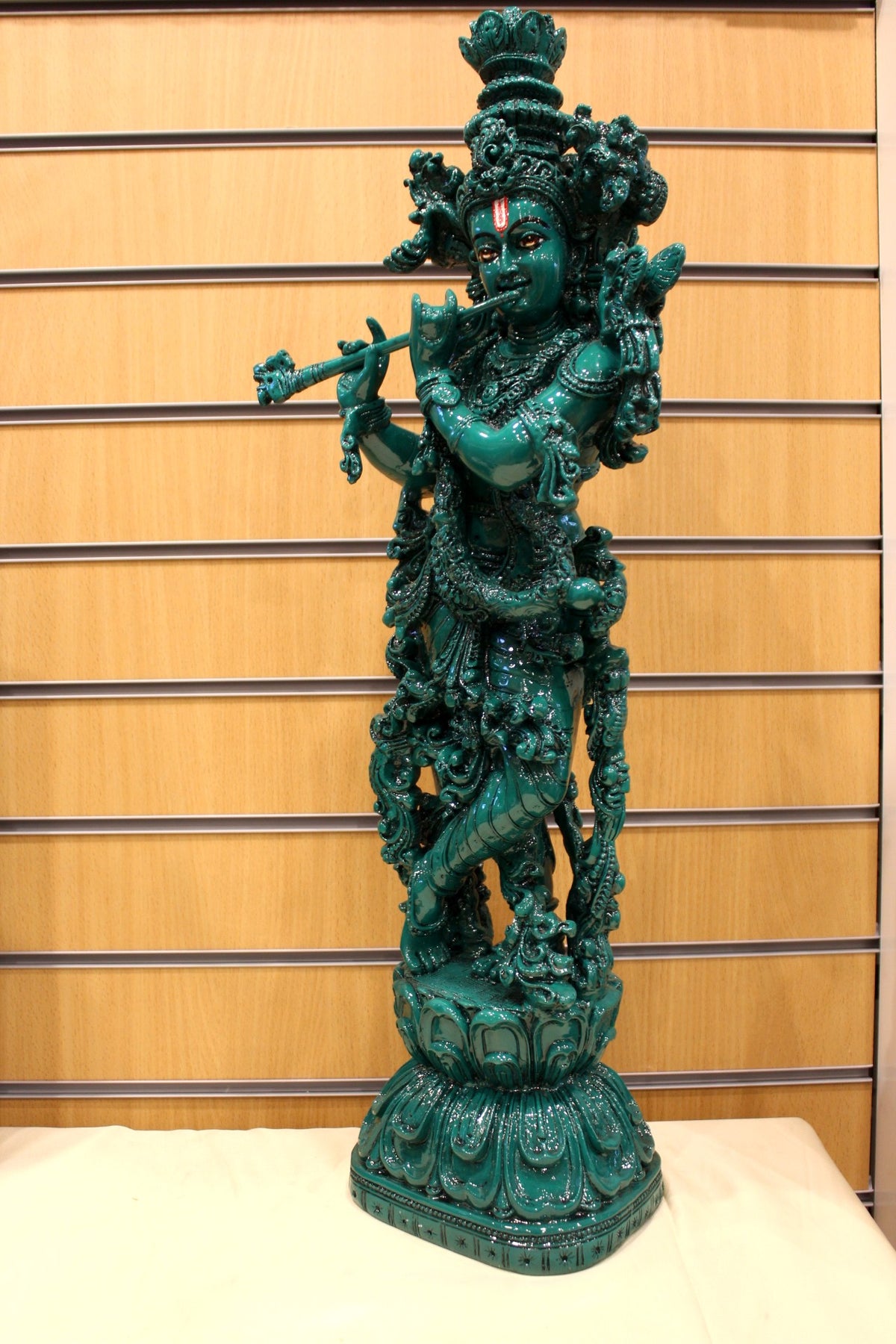 Resin/Fibre Krishna Statue for Home Temple – Antique Teal Flute Pose, 28 inch