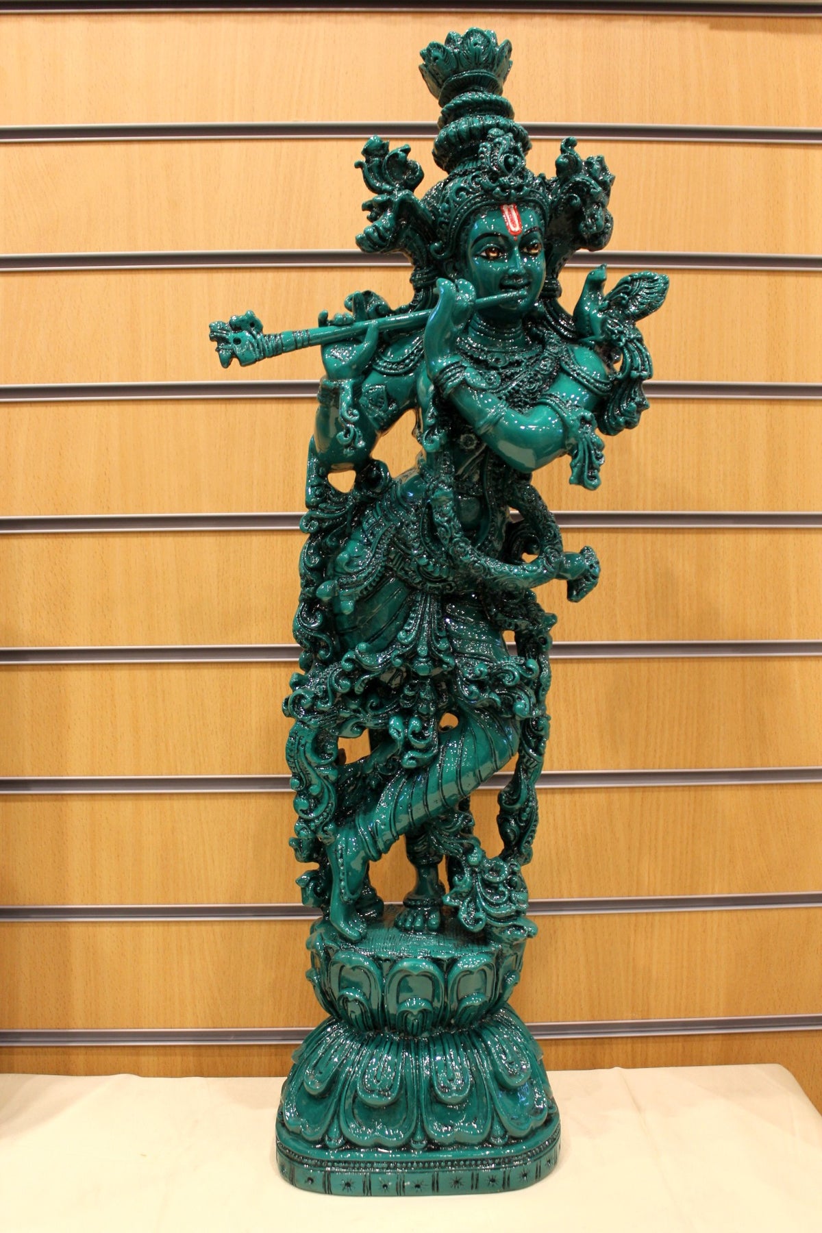 Resin/Fibre Krishna Statue for Home Temple – Antique Teal Flute Pose, 28 inch