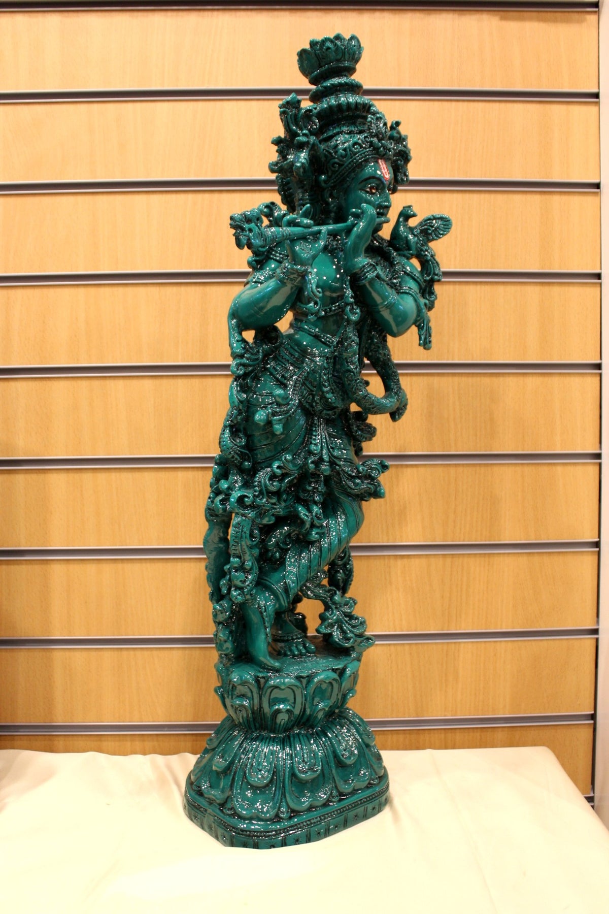 Resin/Fibre Krishna Statue for Home Temple – Antique Teal Flute Pose, 28 inch