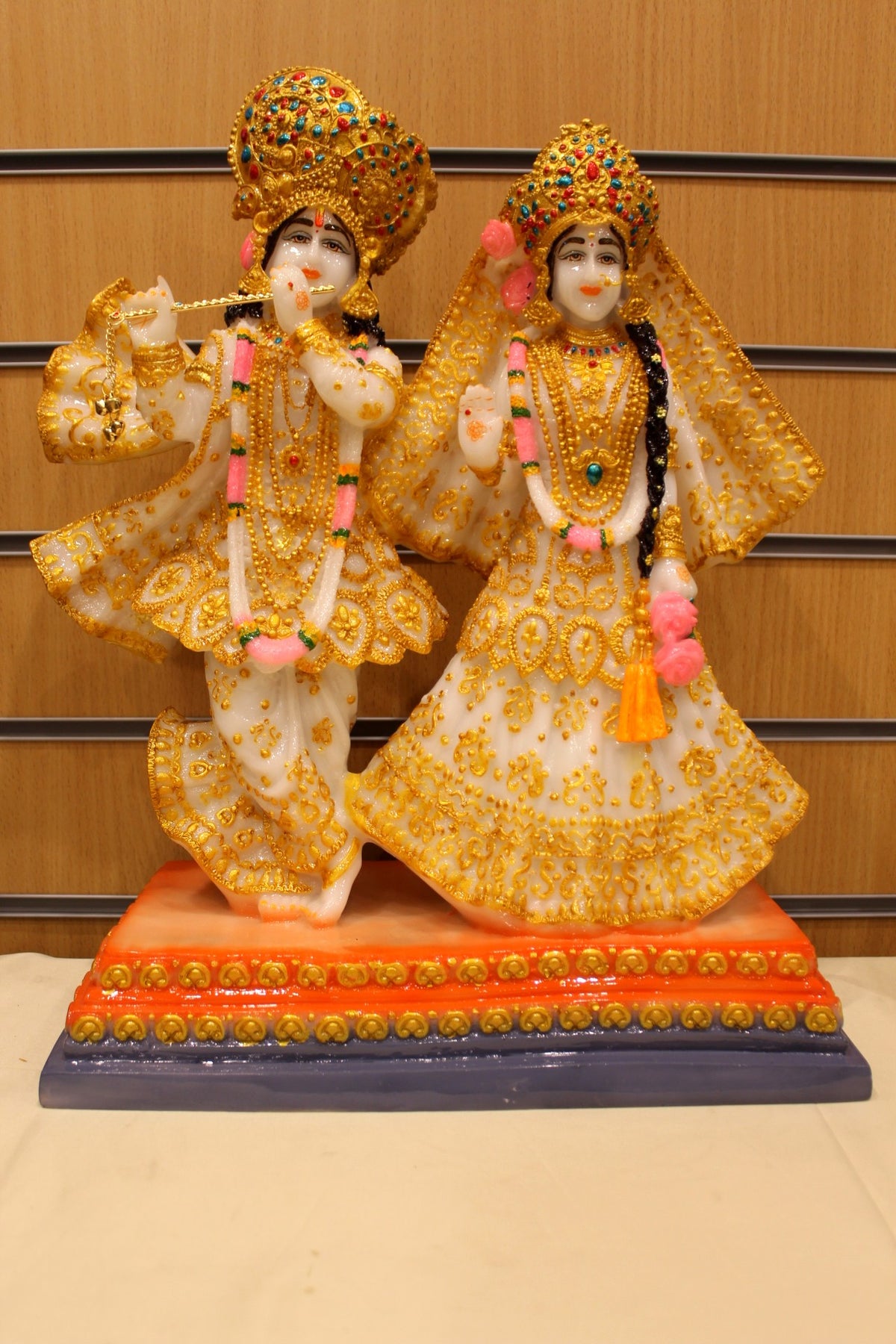 Resin/Fibre Radha Krishna Statue for Home Temple – White & Gold Shringar, 18 inch