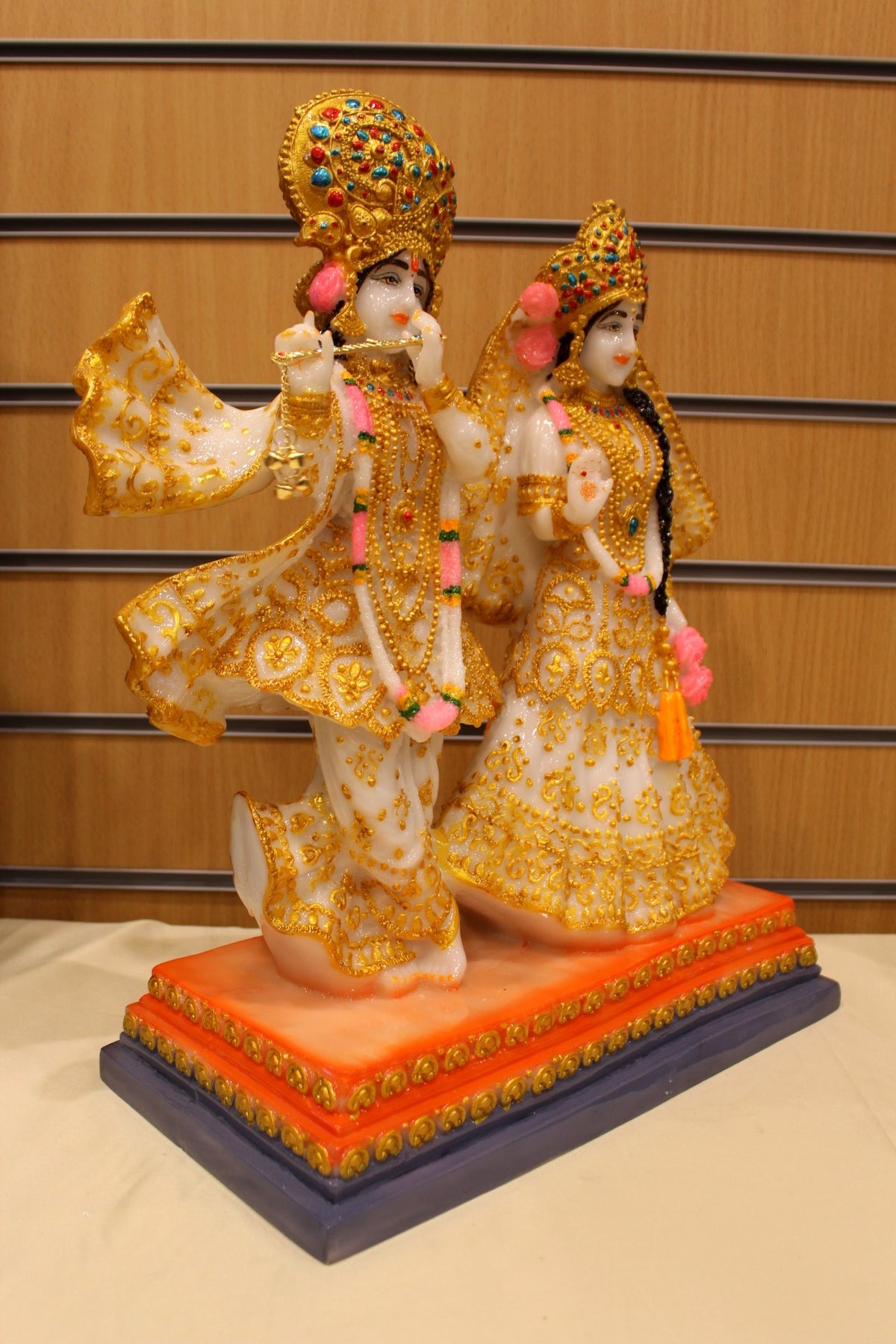 Resin/Fibre Radha Krishna Statue for Home Temple – White & Gold Shringar, 18 inch