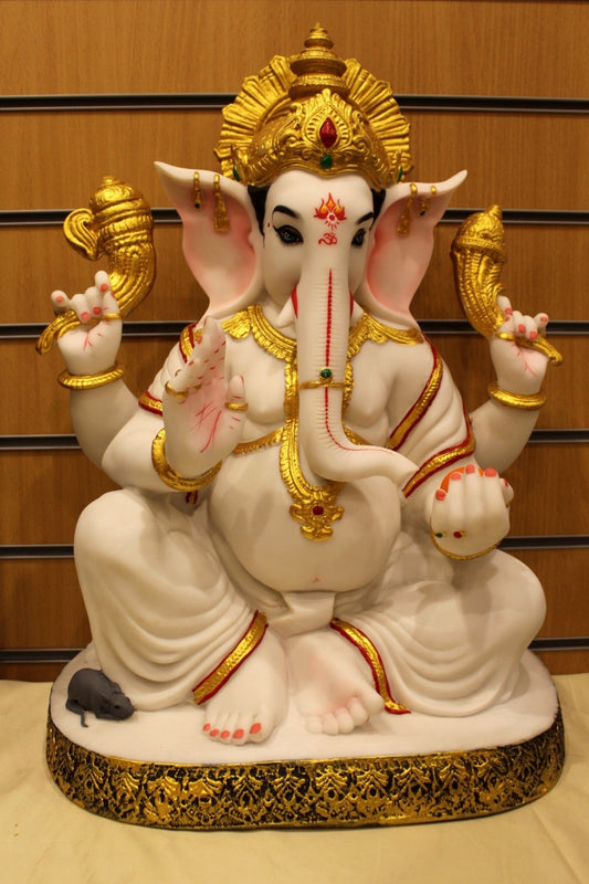 Resin/Fibre Ganesh Statue for Home Temple – Gold Halo on Carved Oval Base, 24 inch