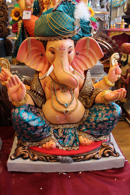 Eco-Friendly Ganesh Visarjan Idol - Teal Safa & Maroon Sequin Jacket, ~30 inch - front