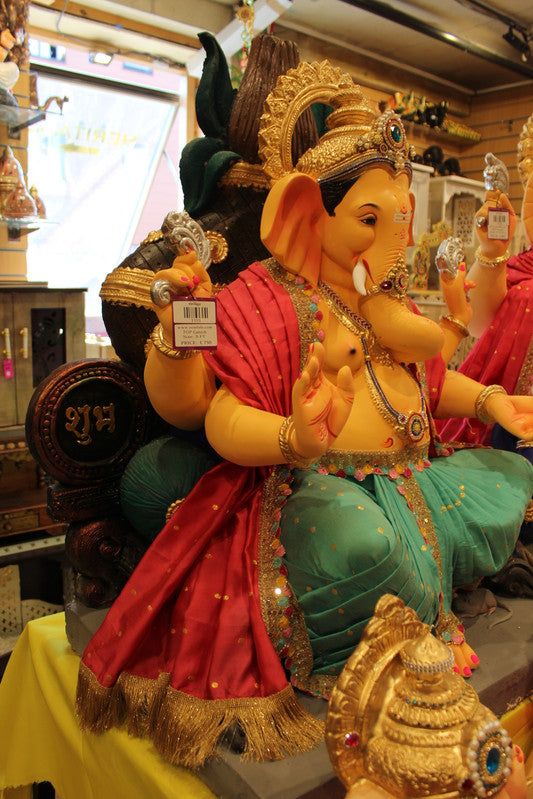 POP Ganesh Visarjan Idol - Red Uttariya & Turquoise Dhoti, 3ft - angle