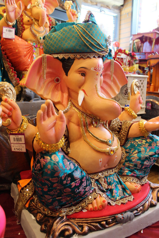 Eco-Friendly Ganesh Visarjan Idol - Teal Safa & Maroon Sequin Jacket, ~30 inch - angle