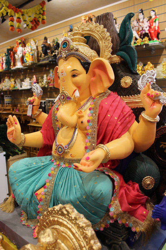 POP Ganesh Visarjan Idol - Red Uttariya & Turquoise Dhoti, 3ft - side