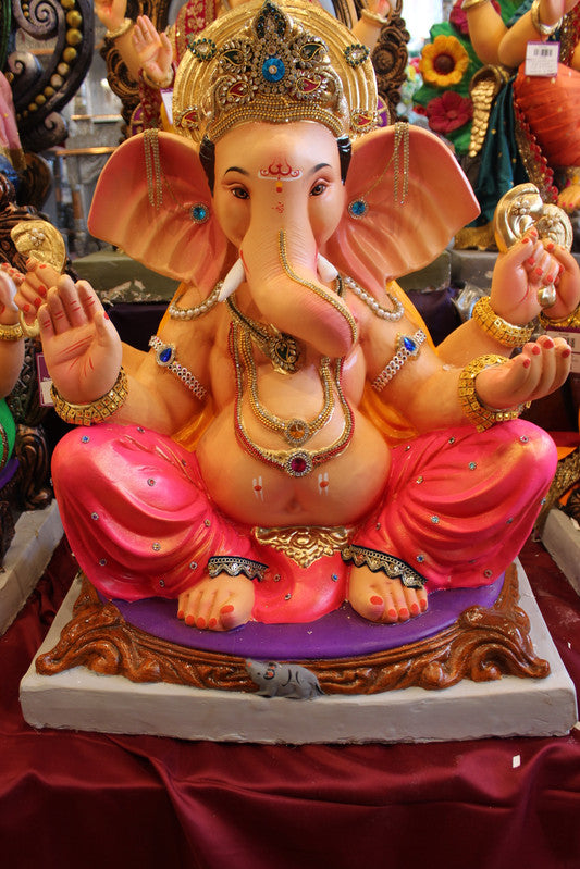 Eco-Friendly Ganesh Visarjan Idol - Jewellery Style, Yellow & Rani Pink, Navy Cushion, ~30 inch - front
