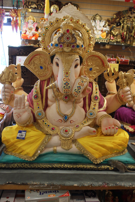 POP Ganesh Visarjan Idol Golden Yellow and Maroon 3.5ft - with price tag