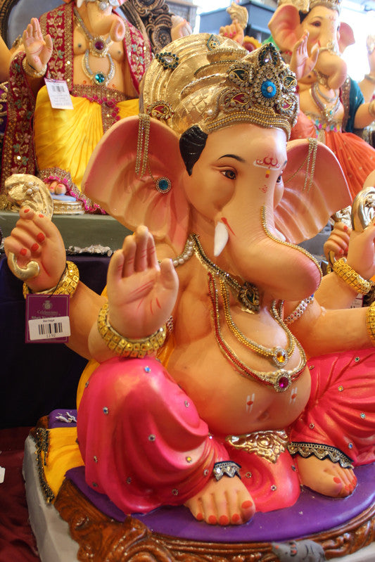 Eco-Friendly Ganesh Visarjan Idol - Jewellery Style, Yellow & Rani Pink, Navy Cushion, ~30 inch - angle