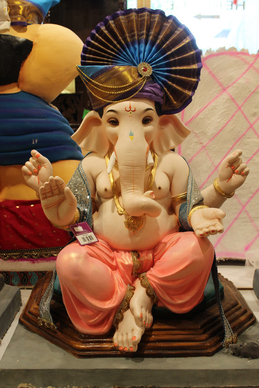 POP Ganesh Visarjan Idol Peacock Fan Pagdi Coral and Silver 3ft - front view