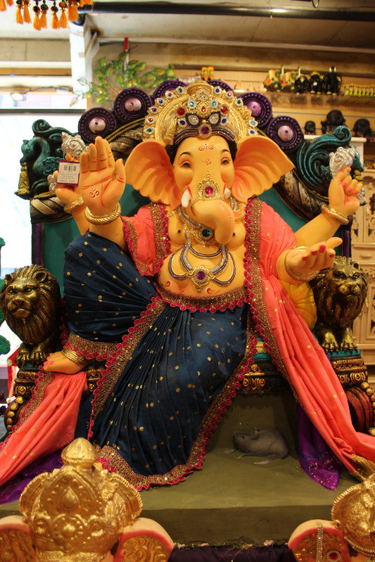 POP Ganesh Visarjan Idol - Navy Polka-Dot & Coral, Lion Throne, ~3.5ft - front