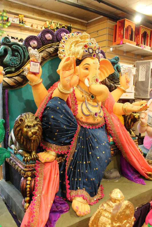 POP Ganesh Visarjan Idol - Navy Polka-Dot & Coral, Lion Throne, ~3.5ft - angle