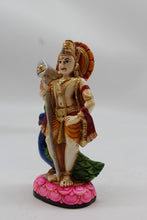 Load image into Gallery viewer, Standing Lord Murugan Idol with Peacock – Pink Lotus Base - Orange - angled view