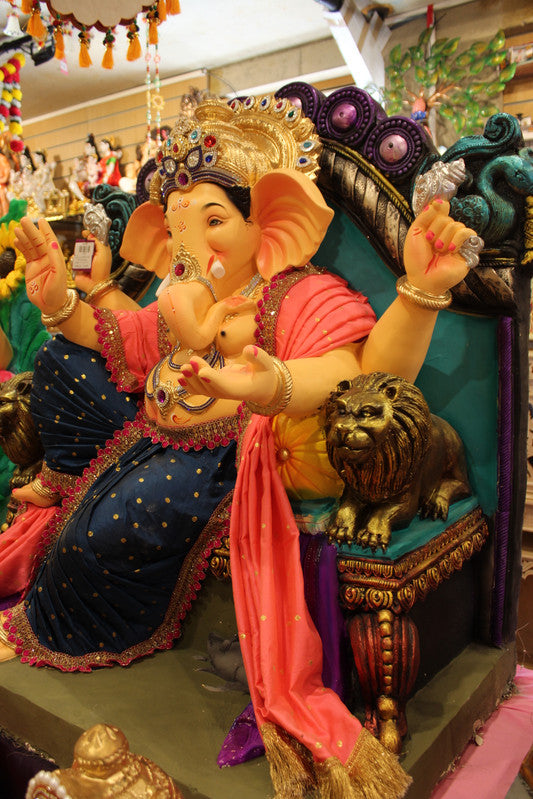 POP Ganesh Visarjan Idol - Navy Polka-Dot & Coral, Lion Throne, ~3.5ft - side